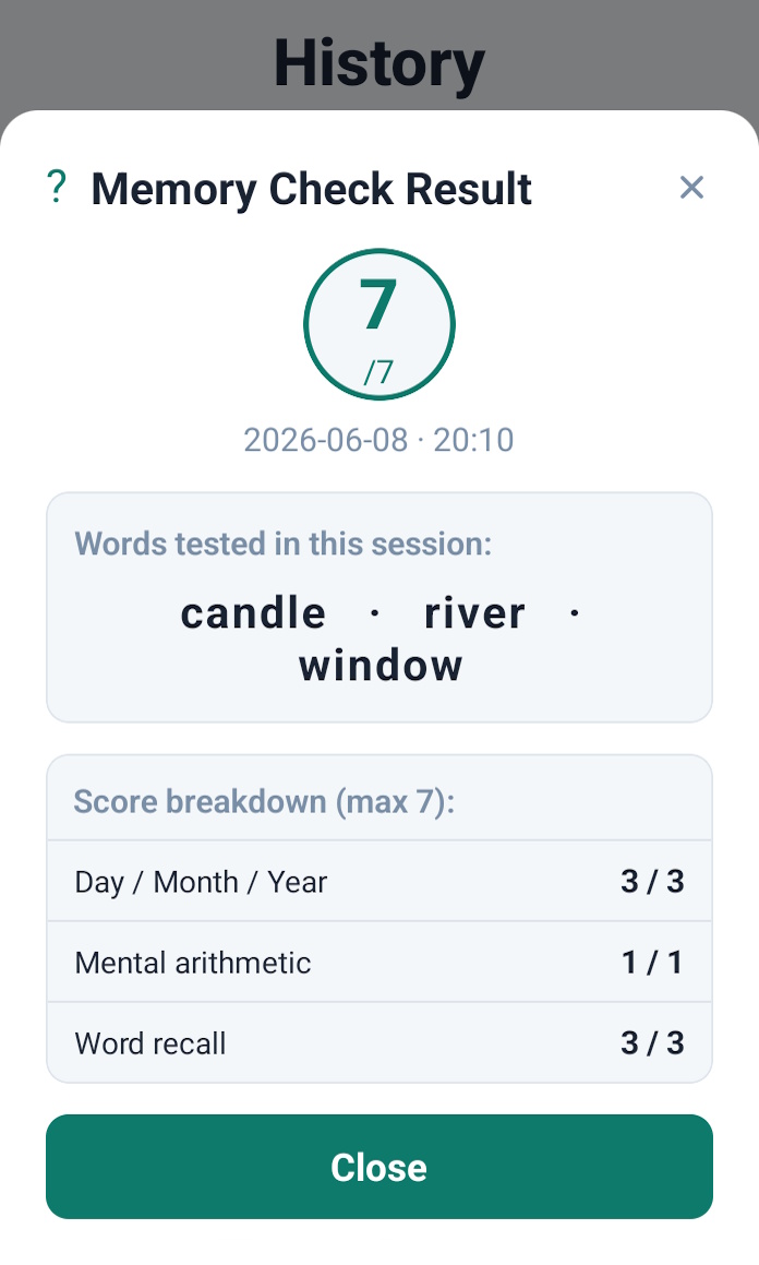 Memory check result showing raw score breakdown